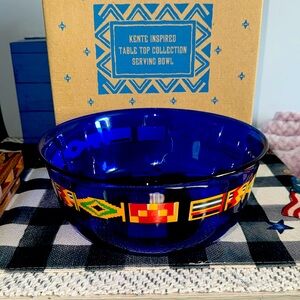 1 cobalt blue Kente inspired serving bowl by Avon. 9” diameter and 4” deep.